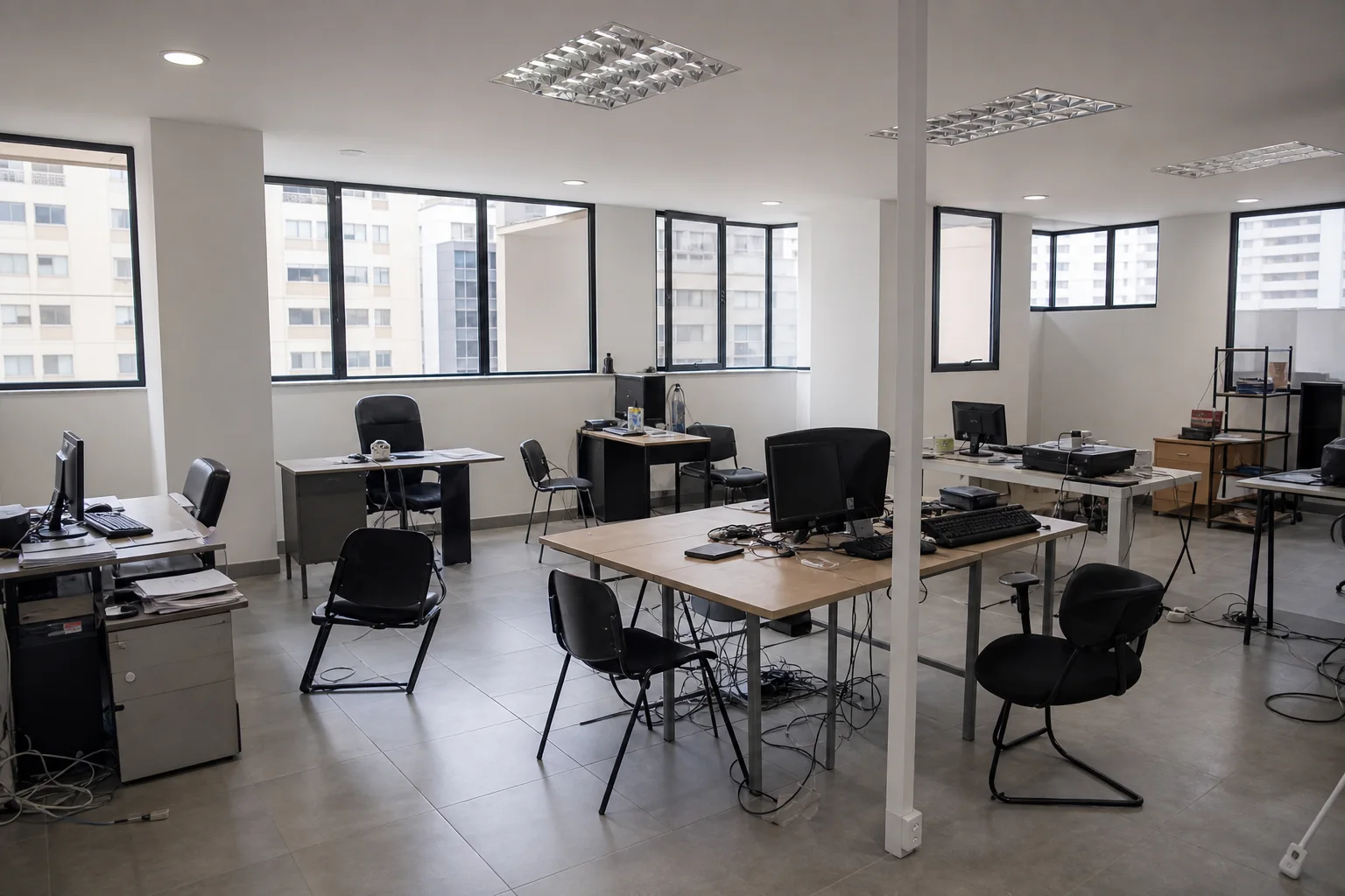 Oficina empresarial adecuada con mobiliario y divisiones