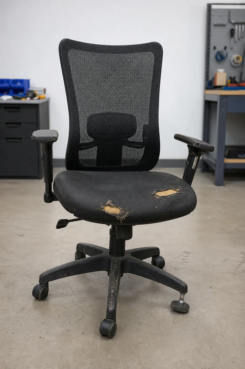 Silla de oficina durante lavado y renovación de tapicería después del mantenimiento